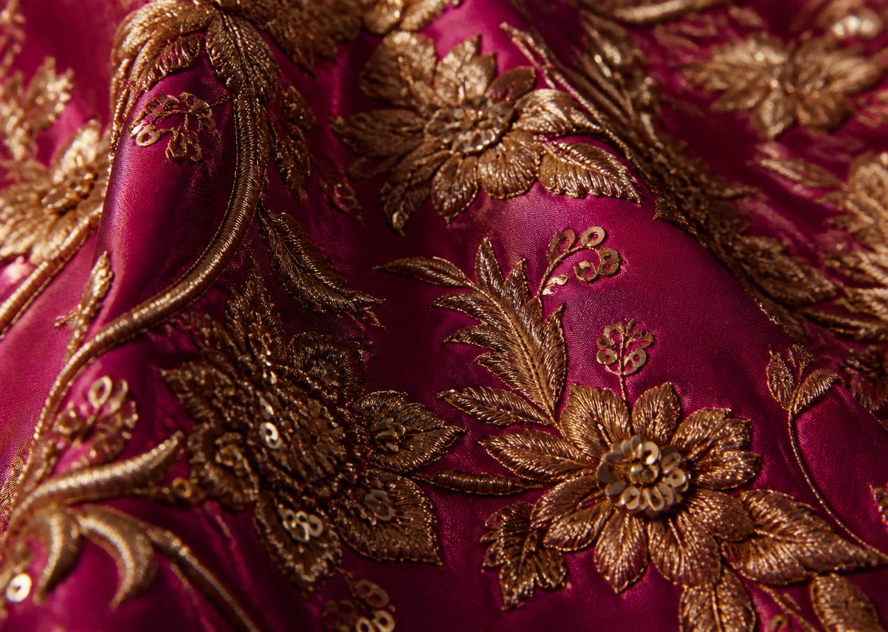 Close-up of gold embroidery on fuchsia silk
