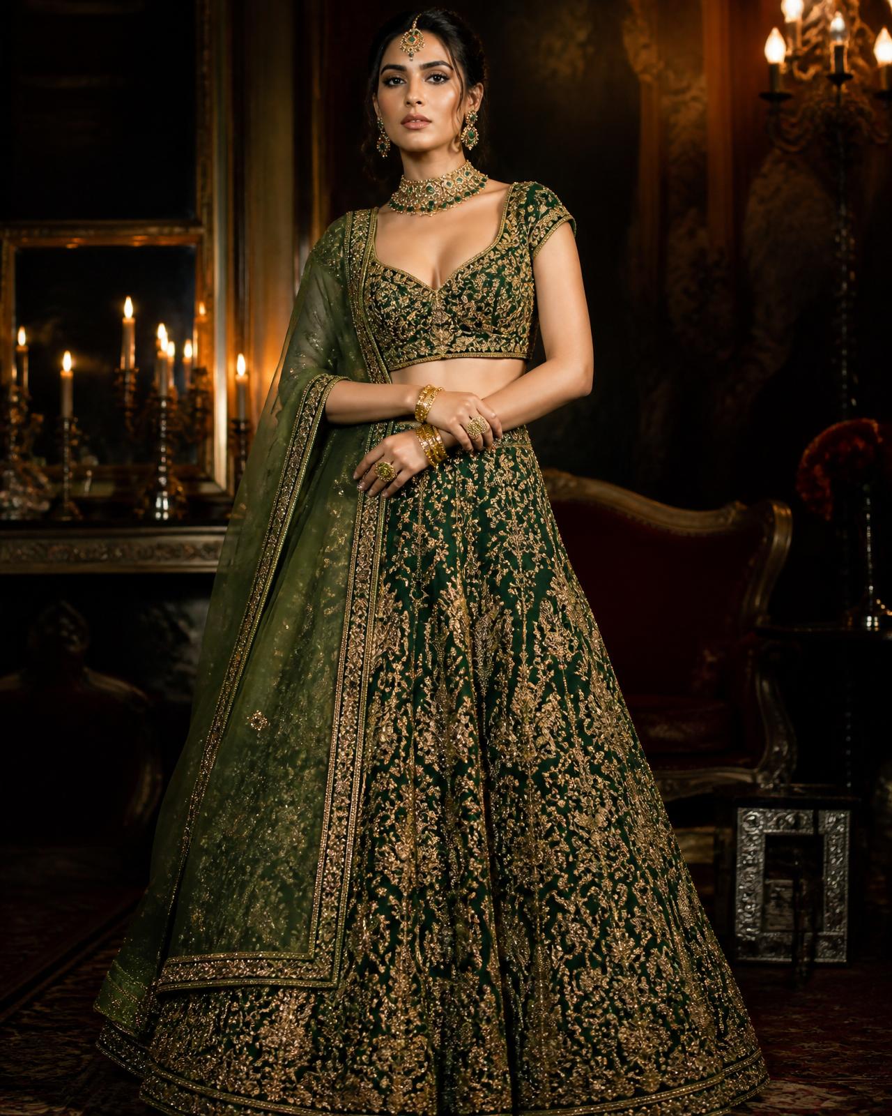 Editorial portrait of a woman in an emerald and gold embroidered lehenga